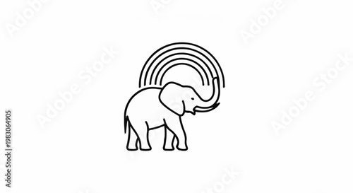 Simple line drawing of an elephant with abstract rainbow above its trunk