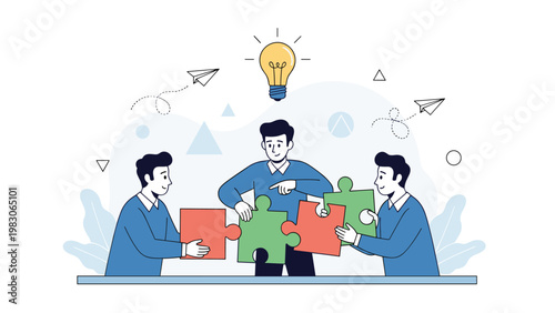 Successful team of three people connecting large puzzle pieces under a bright idea bulb representing synergy and corporate problem solving.