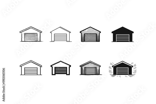 Collection of diverse garage door icons and illustrations in various artistic styles