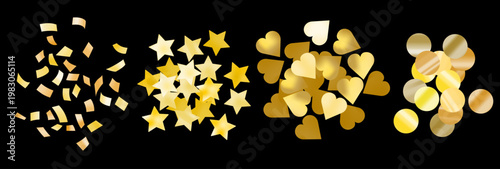 高級感あふれる黒背景に輝くゴールドコンフェッティと星・ハート・円形パーツが舞う華やかなパーティー装飾ベクター背景素材