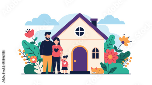 Happy family with a child and a dog standing in front of their beautiful house surrounded by a colorful flower garden for real estate.