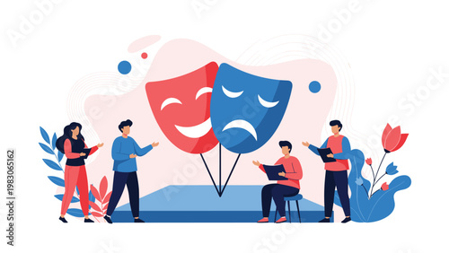 People rehearsing theater performance with script in hands standing near large comedy and tragedy masks on stage for dramatic arts workshop.