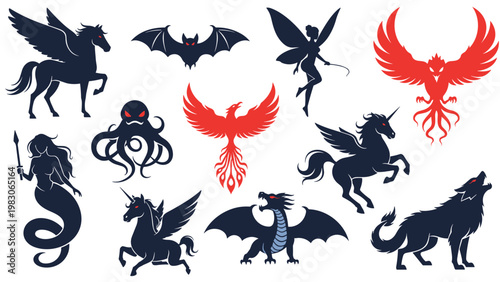Collection of various mythical creature silhouettes including pegasus, dragon, mermaid, phoenix, and unicorn on a clean white background.