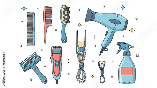 Comprehensive set of professional hair styling tools including blow dryer clippers combs and spray bottle for barber and salon services.