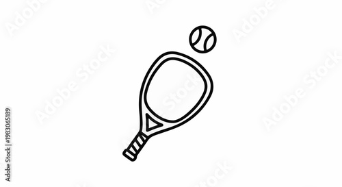 A simple black and white line drawing of a tennis racket with a ball