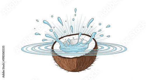 Coconut water splash with fresh tropical fruit comic style illustration on white background