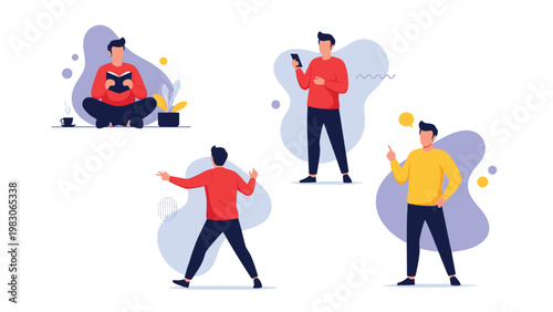 Various poses of a man in a red sweater and blue pants reading a book, using a smartphone, and gesturing against abstract blue backgrounds.