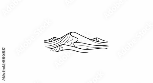 Stylized black and white outline of rolling sand dunes under a bright sky