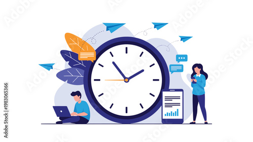 Team of professionals working on laptops and smartphones around a massive blue clock with paper planes symbolizing efficient time management.