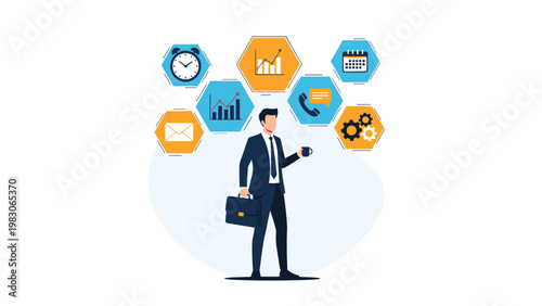 Professional businessman holding a briefcase surrounded by hexagonal icons for time, growth, schedule, communication, settings, and email tasks.
