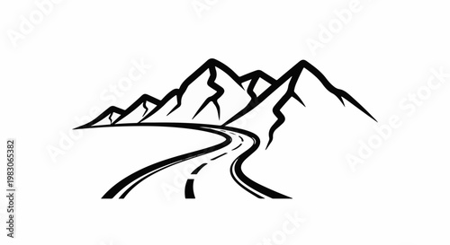Stylized black ink drawing of a winding road through mountains