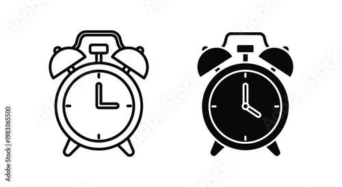 Two vintage alarm clocks with differing styles are shown in black silhouette