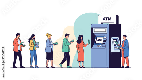 Diverse group of people standing in a queue at an automated teller machine to withdraw cash money from their bank accounts for personal use.