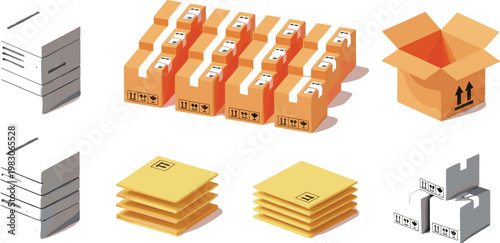 Shipping and packaging vector set featuring stacked parcels, cardboard boxes, open carton and padded envelopes logistics illustration