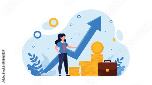 Professional woman standing next to rising stacks of gold coins and a large blue arrow pointing upwards representing financial growth and success.