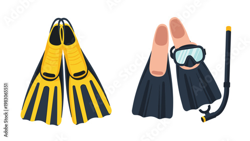 Two sets of diving equipment including yellow and black flippers beside a blue mask and snorkel for underwater exploration and summer vacation fun.