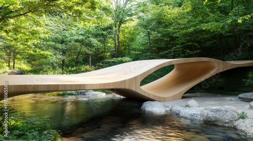 Stunning wooden bridge gracefully arches over serene stream, surrounded by lush greenery and natural beauty, evoking tranquility and harmony