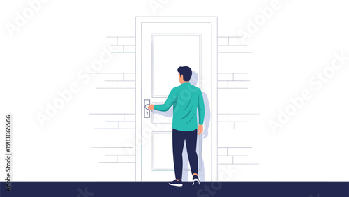 Back view of a man standing in front of a white closed door with his hand on the handle ready to open it and step inside for new opportunities.