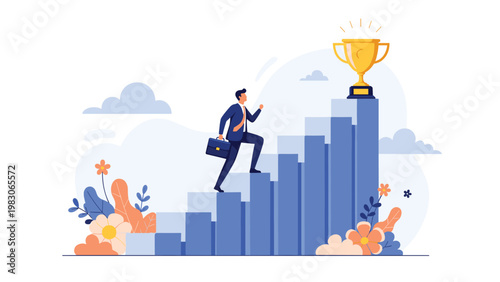 Motivated businessman in a suit climbing up a rising bar chart towards a golden trophy symbolising career advancement and professional success.