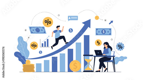 Financial growth and data analysis concept showing diverse professionals managing profits, analyzing bar charts, and tracking economic success.