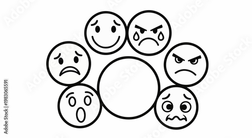 A circular arrangement of various cartoon faces expressing different emotions