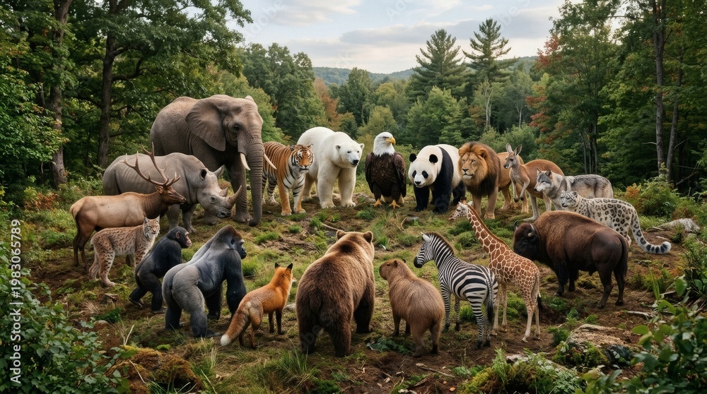 Obraz premium Wild animals forming a circular composition representing Earth unity.