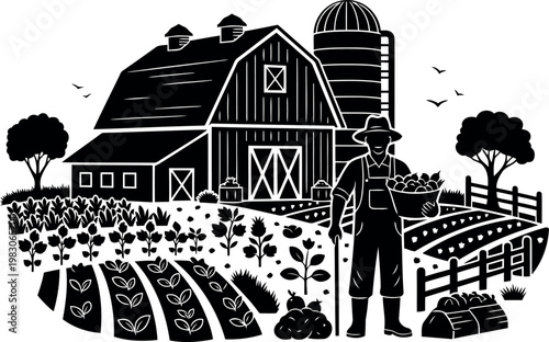 Farmer Harvesting Vegetables In Front Of Rustic Barn And Silo