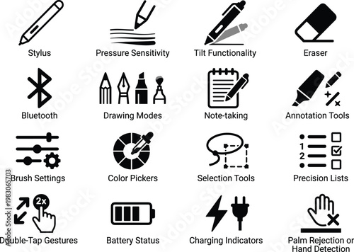 Flat design icons set of digital stylus and tablet tools for creative and productivity vector illustration