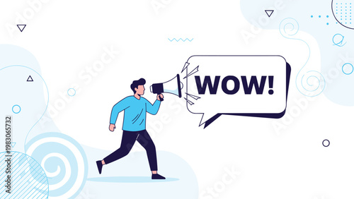 Energetic man in a blue shirt running while shouting through a megaphone into a speech bubble with the word WOW for an exciting announcement.