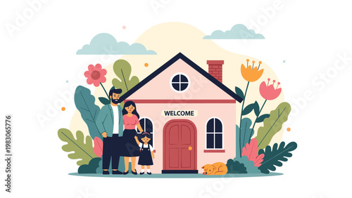 Happy family of three standing outside their cozy pink home with a welcome sign and their pet dog surrounded by beautiful garden flowers.