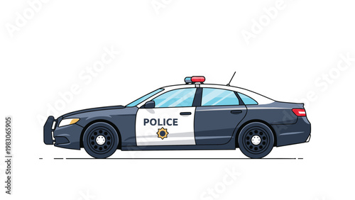 Side view of a modern police patrol car with official markings, emergency lights, and a badge on the door isolated on a white background.