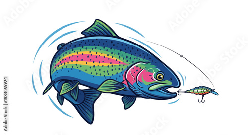 Rainbow Trout Fish Attracted to Fishing Lure, Dynamic Action Illustration