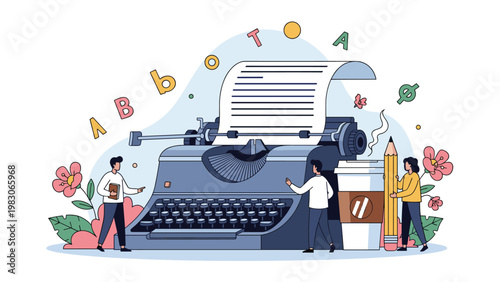 Team of creative writers and editors working around a giant vintage typewriter with coffee and pencils to generate new stories and ideas.