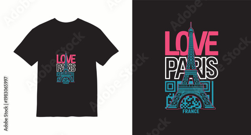 Love paris france illustration with eiffel tower and qr code pattern for romantic travel apparel design.