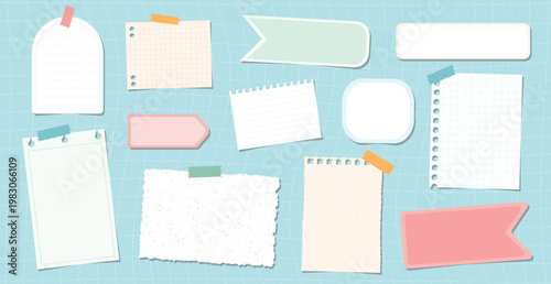 Blank notes, memo pages collection isolated on blue background. School stickers, notepaper, reminder notes set. EPS 10