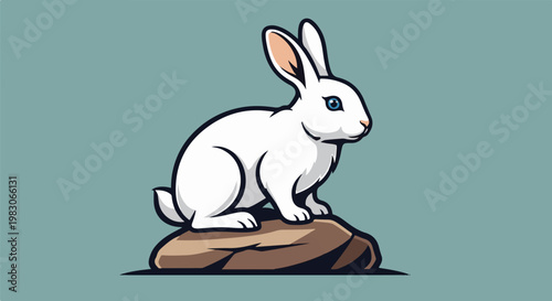 A white cartoon rabbit with blue eyes sits on a brown rock