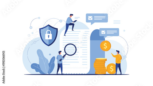 Team of professionals reviewing a large document with a blue shield and lock icon to represent data security and contract verification tasks.