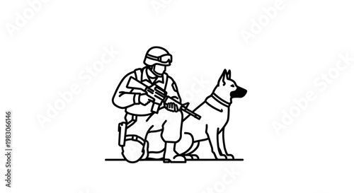 Soldier with Military Dog, K9 Unit, Tactical Gear, Assault Rifle, Kneeling Pose