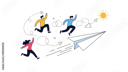 Enthusiastic team of people running and chasing a large paper airplane toward a bright sun to represent business goals and project success.