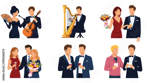 Group of elegant people dressed in formal attire celebrating at a gala event with live music, drinks, and pleasant social interaction moments.