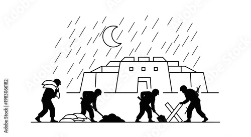 Soldiers Digging Trenches in Rain at Night Near Ancient Structure