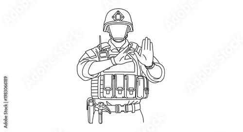 Soldier with tactical gear and helmet, making stop gesture with hands