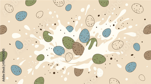 Seamless Easter pattern with speckled eggs in earthy tones arranged in a dynamic radial layout, complemented by paint splashes on a warm neutral background.