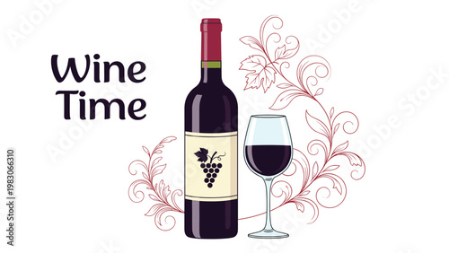 Elegant red wine bottle with a full glass surrounded by decorative grape vine flourishes and the text wine time on a plain white background.