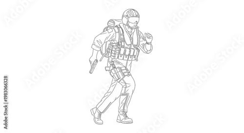 Special Forces Soldier Running with Gun, Tactical Gear, Military Action Illustration