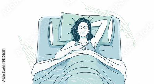 A woman peacefully sleeps in a comfortable bed, surrounded by a tranquil atmosphere