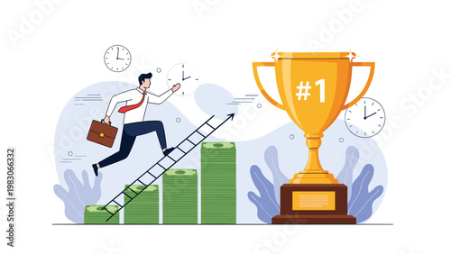 Businessman running up a ladder of money stacks towards a giant first place trophy representing professional success and financial achievement.