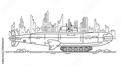 Submarine on Tracks in Ruined City