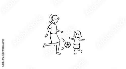 A woman and child playing with a soccer ball, line art illustration