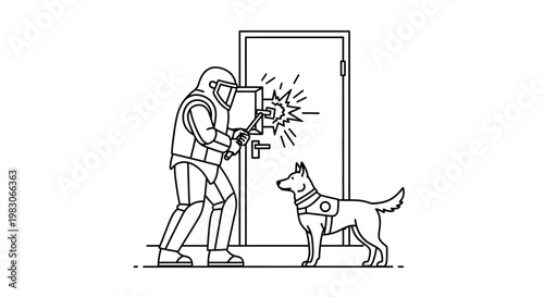 SWAT Officer and K9 Unit Breach Door for Tactical Operation
